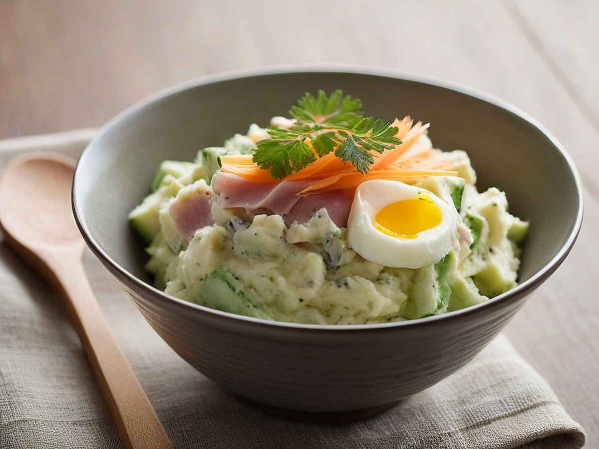 Картофельный салат по-японски с огурцом, морковью и яйцом
